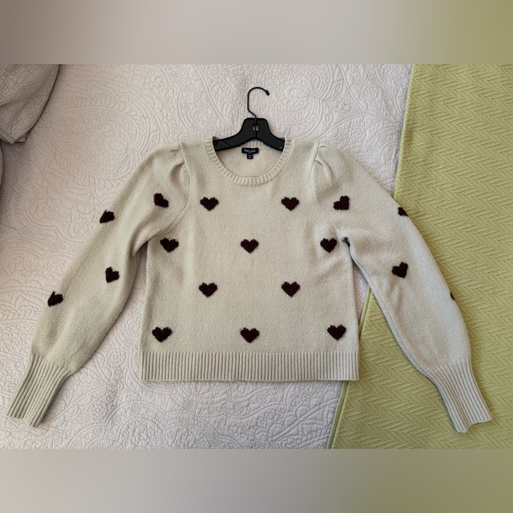 Splendid Adeline cream brown heart puff long sleeve pullover sweater size Small